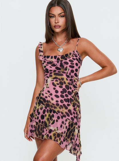 Danita Off Shoulder Frill Mini Dress Pink Animal Multi