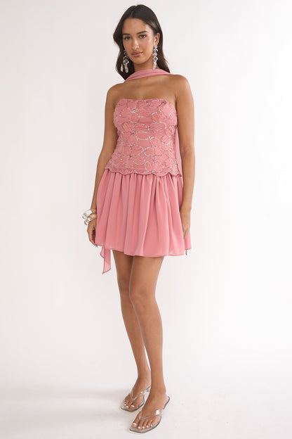 Sunset Serenade Elasticated Waist Mini Skirt Rose