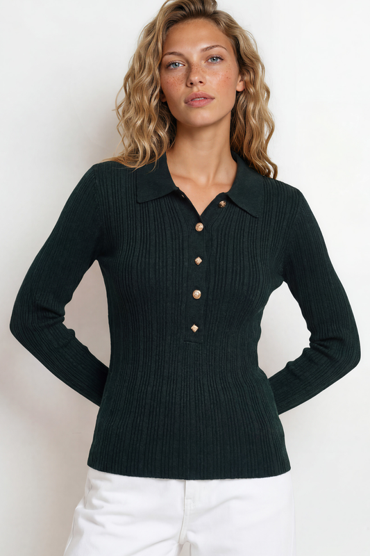 Alexander Knit Top - Ribbed with long fitted Sleeves in Dark Green