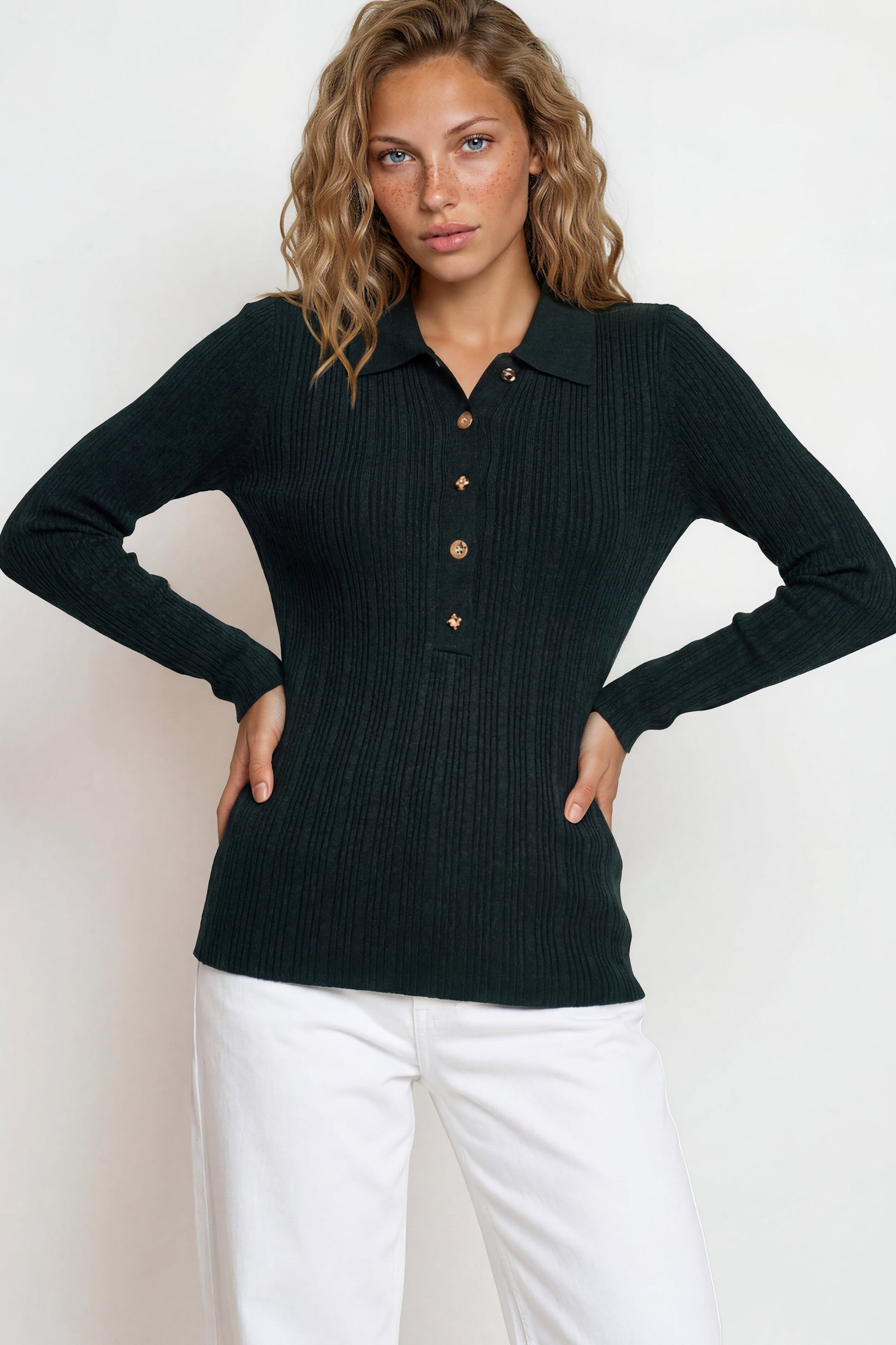 Alexander Knit Top - Ribbed with long fitted Sleeves in Dark Green