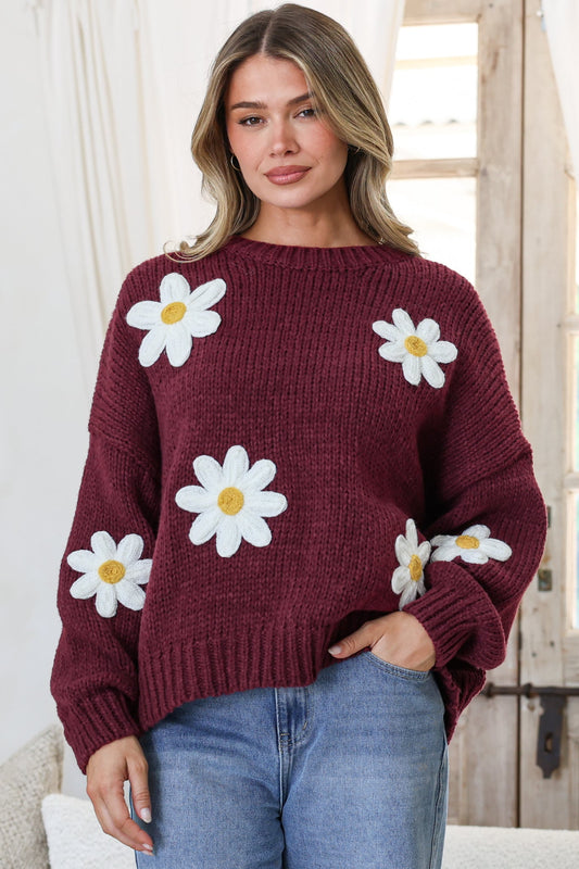 Amara Jumper - Crew Neck Floral Motif Knit with Ribbed Hemlines in Wine