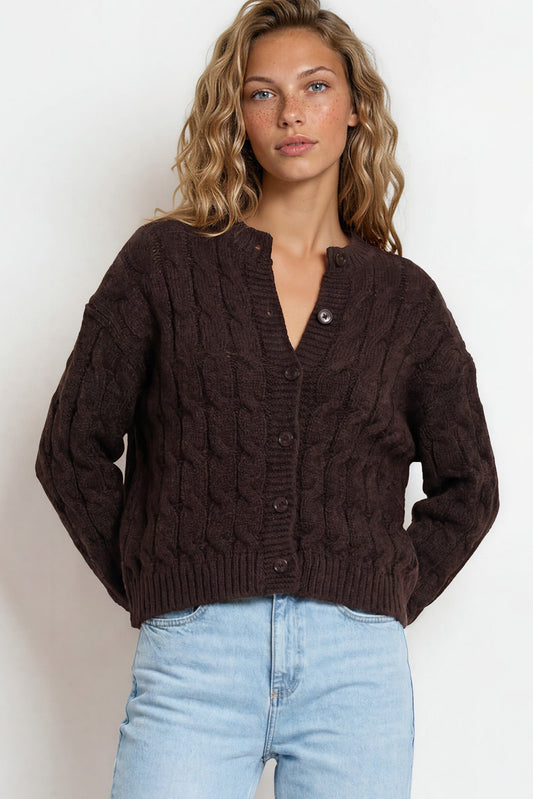 Aspen Cardigan - Crew Neck Button Front Short Polo Knit in Coffee