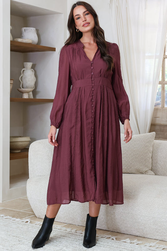 Aylon Midi Dress - Delicately Detailed Mandarin Collar Dress with Long Sleeves in Merlot