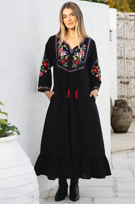 Azalea Midi Dress - Floral Embroidered Bodice Motif Shift Dress with Frill Hem in Black