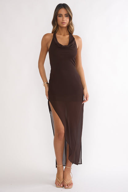 Make It Count Backless Cowl Maxi Dress Chocolate