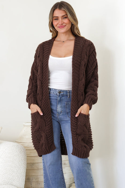 Beckett Cardigan - Open Front Chunky Cable Knit with Pockets in Chocolate