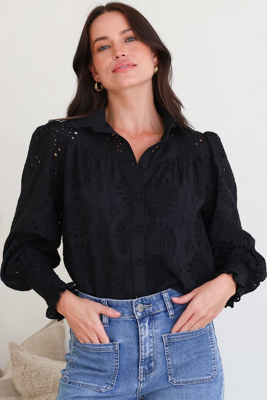 Benton Blouse - Hollow Out Embroidered Button Down Shirt in Black