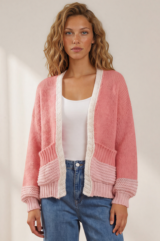Isa Cardigan - Colour Block Open Knit in Pink