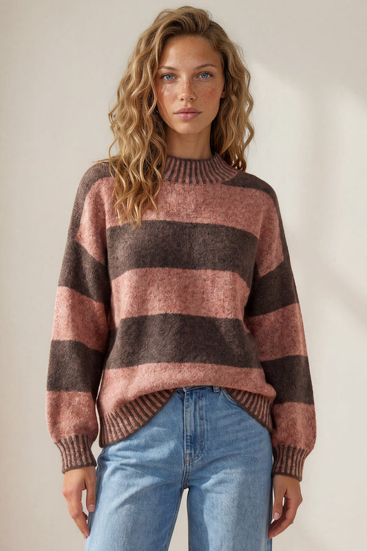 Janie Jumper - Mock Neck Striped Jumper with Contrast Stripe Hemlines in Tobacco