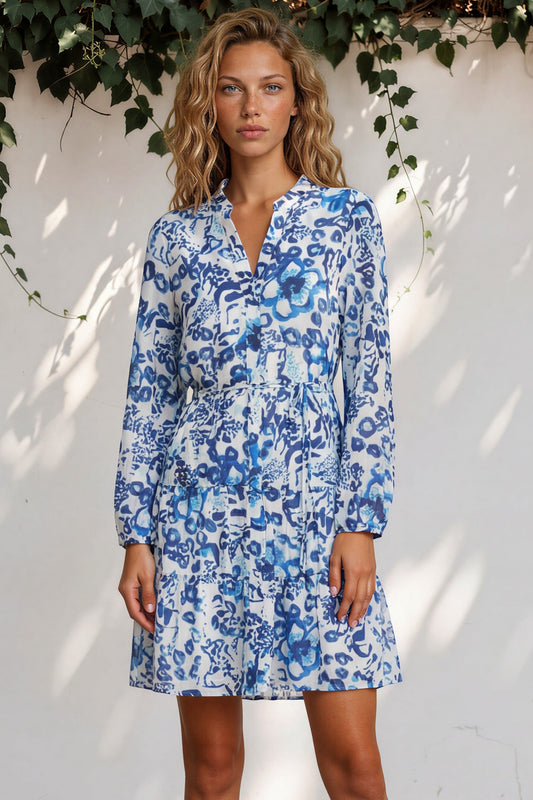 Cadell Mini Dress - Mandarin Collar Buttoned Down Dress in Maison Print
