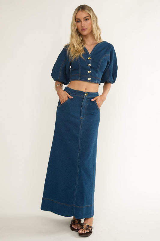 Kaelis Pocket Maxi Skirt Denim