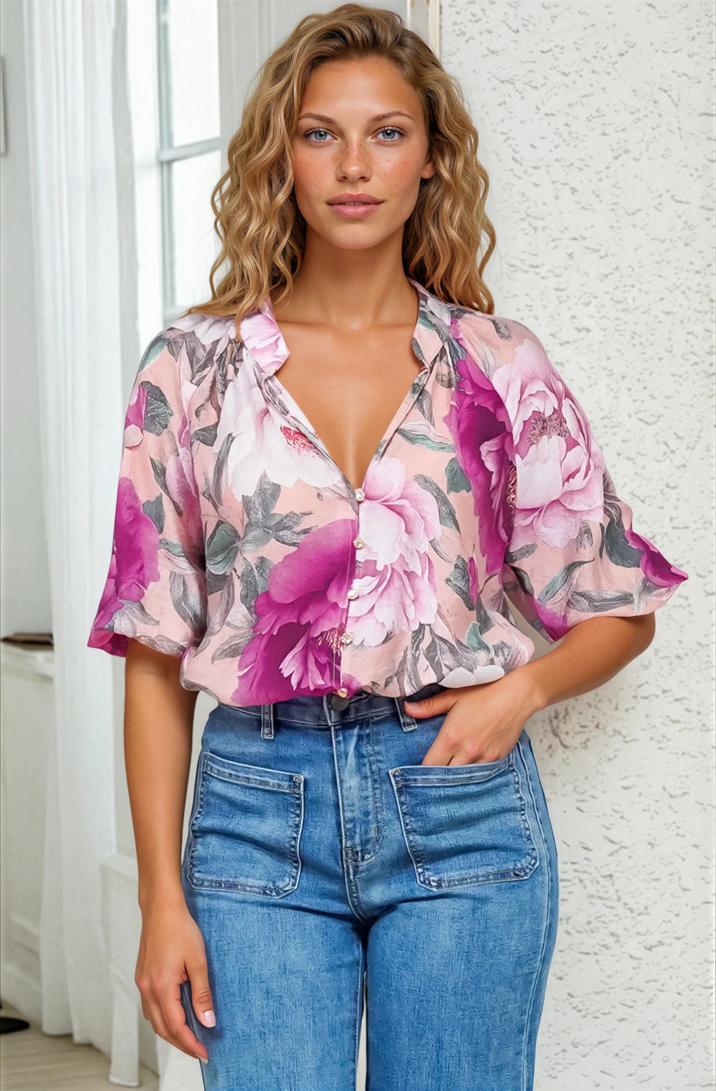 Cecilia Blouse - Mandarin Collar Button-Down with Half Balloon Sleeves in Tiana Print Pink