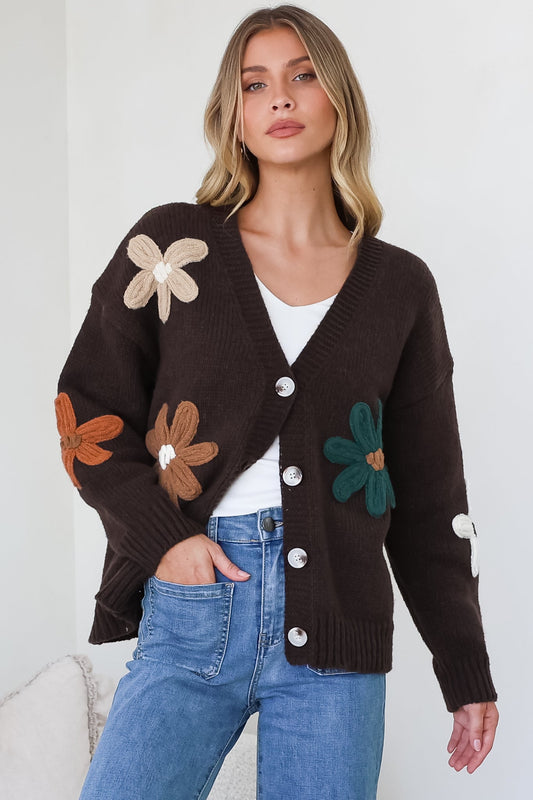 Daisy Belle Cardigan - Cropped Thick Knit Cardigan with Flower Decals in Chocolate Multi