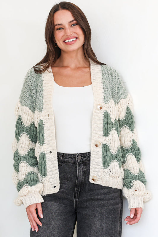 Deborah Cardigan - Relaxed Button Front Stripe Bubble Knit in Green