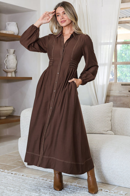 Ferris Midi Dress - Collared Button Bodice A-Line Dress with Long Sleeves in Chocolate