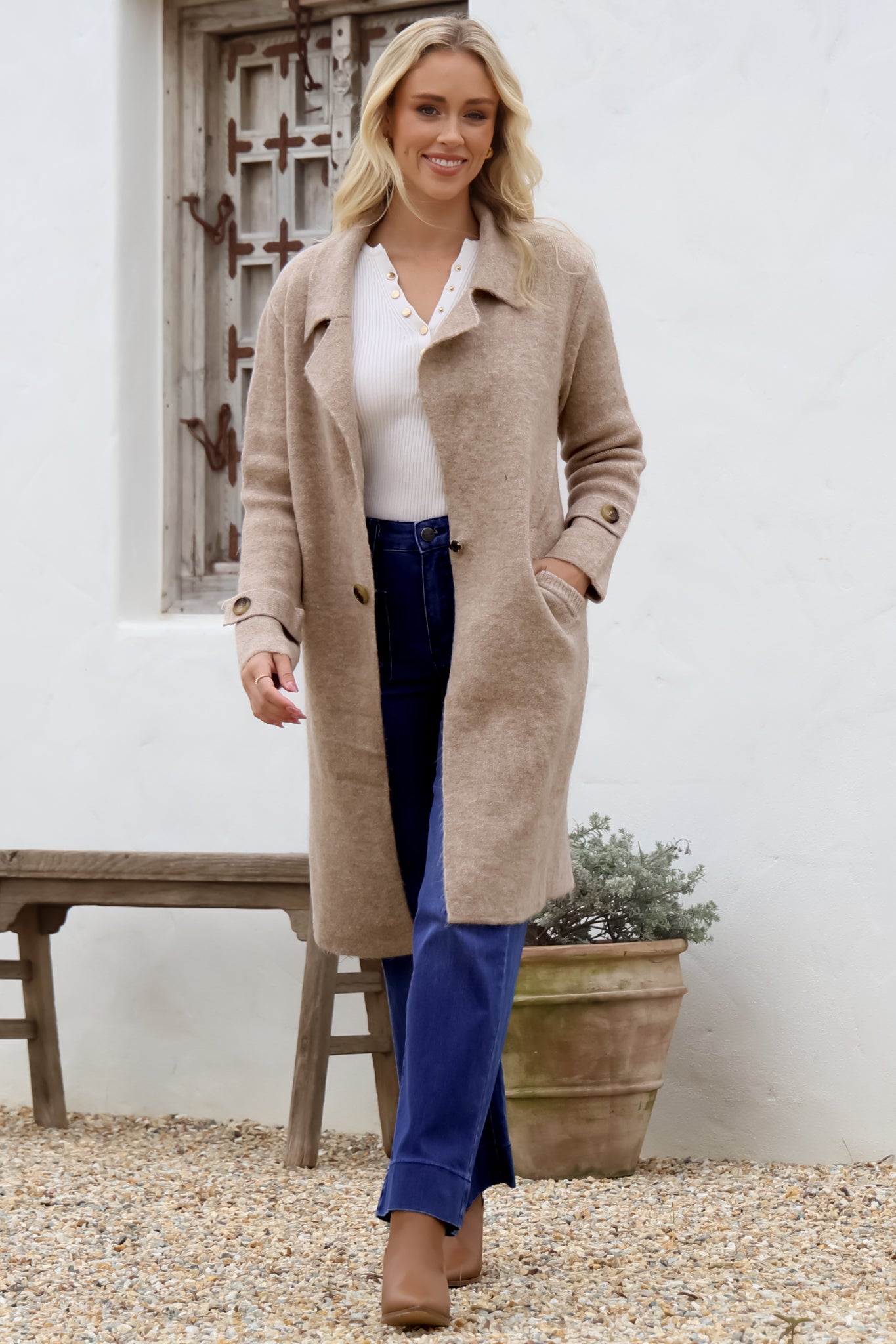 Griffin Cardigan - Collared Button Closure Coatigan with Pockets in Taupe
