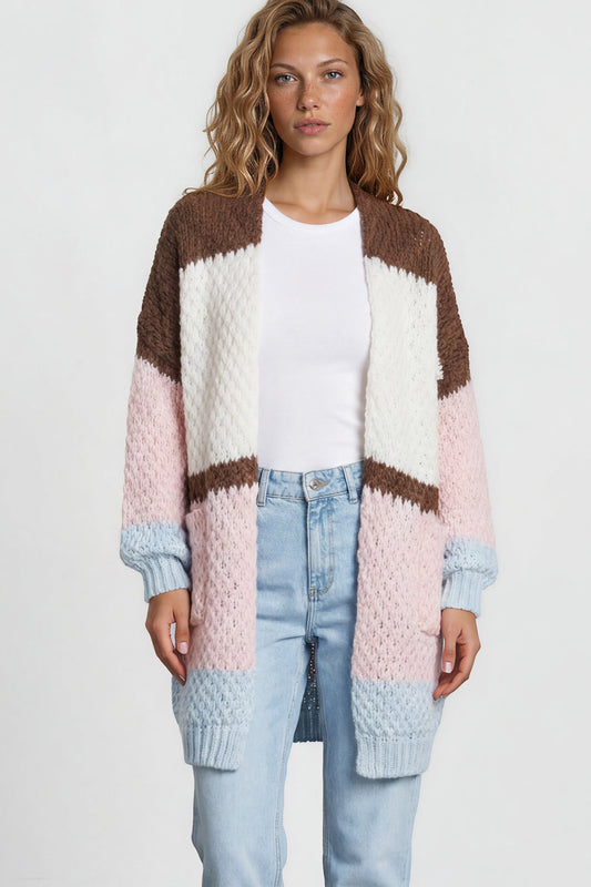 Hana Cardigan - Open Lattice Knit with Pockets and Balloon Sleeves in White/Coffee Multi