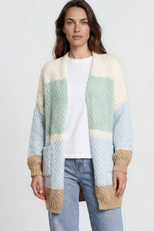 Hana Cardigan - Open Lattice Knit with Pockets and Balloon Sleeves in White/Green Multi