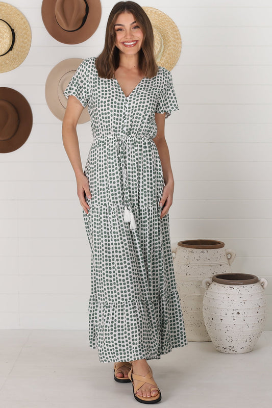 Derla Maxi Dress - V Neck Cap Sleeve Pull Tie Waist A Line Dress in Maryanne Print Green