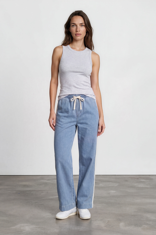 Jakoda Jeans - Elasticated High Waisted Denim Pants with Contrast Stripe in Light Denim