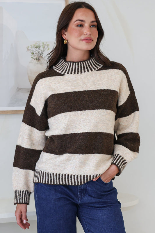 Janie Jumper - Mock Neck Striped Jumper with Contrast Stripe Hemlines in Chocolate