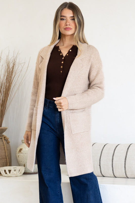 Keagan Cardigan - Folded Lapel Collar Coatigan with Pockets in Camel