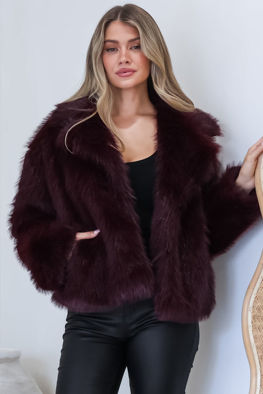 Letoile Coat - Notched Collar Faux Fur Jacket with Pockets in Burgundy