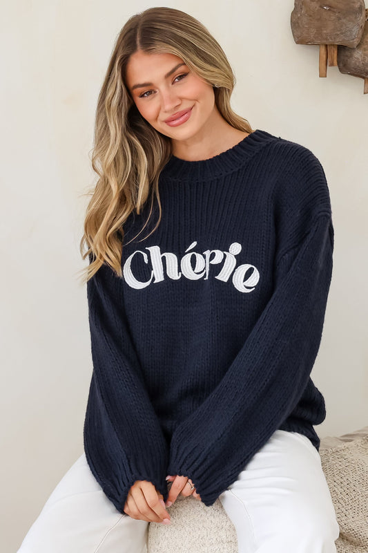 Ma Cherie Jumper - Embroidered Thick Knit with Crew Neck and Long Sleeves in Navy