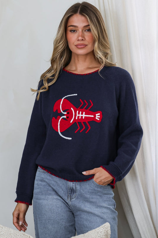 Maine Jumper - Contrast Stitch Crew Neck Knit with Embroidered Lobster Motif in Navy