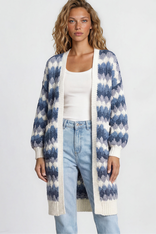 Marlie Cardigan - Open Front Stripe Bubble Knit with Pockets in Blue