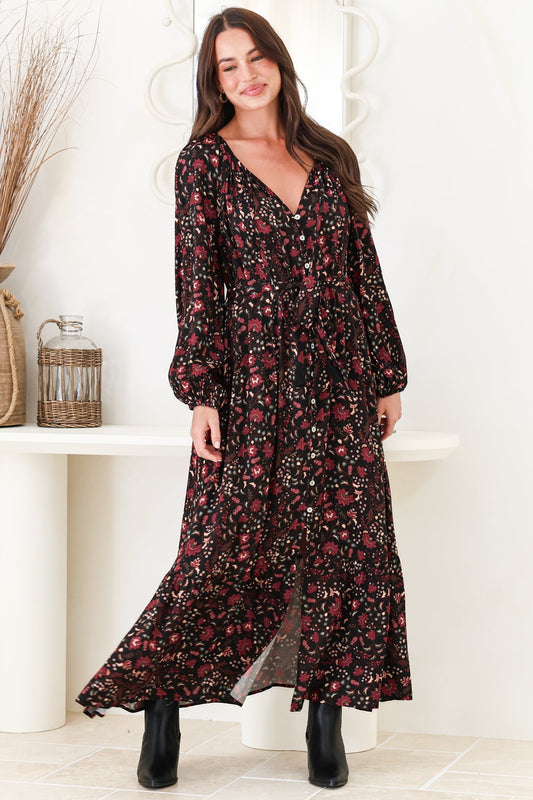 Maury Maxi Dress - V Neck Button Down Dress with Waist Tie in Nanushka Print