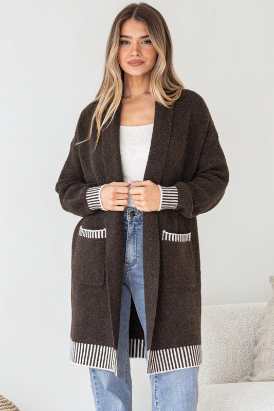 Nattie Cardigan - Folded Collar Knit with Contrast Stripe Hemlines and Pockets in Dark Brown