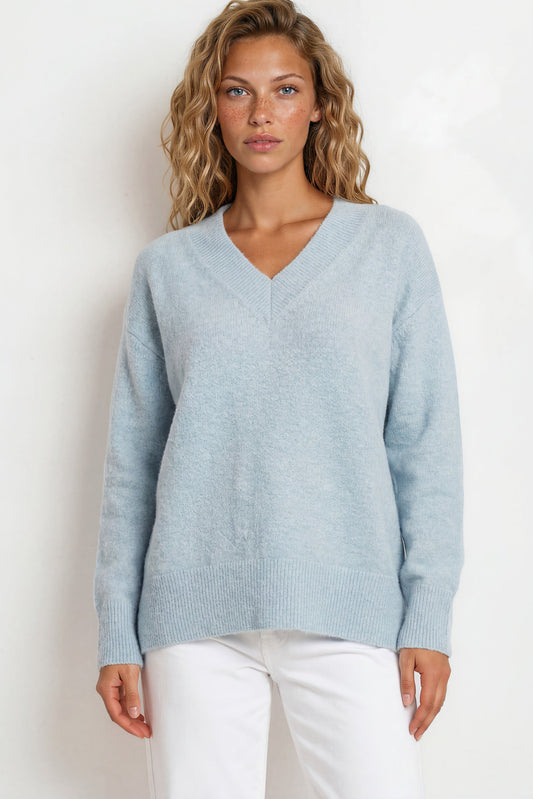 Nikita Jumper - Thick Ribbed V-Neck Knit with Side Split Hemline in Blue