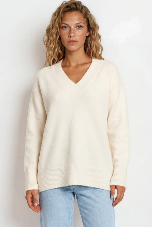 Nikita Jumper - Thick Ribbed V-Neck Knit with Side Split Hemline in White