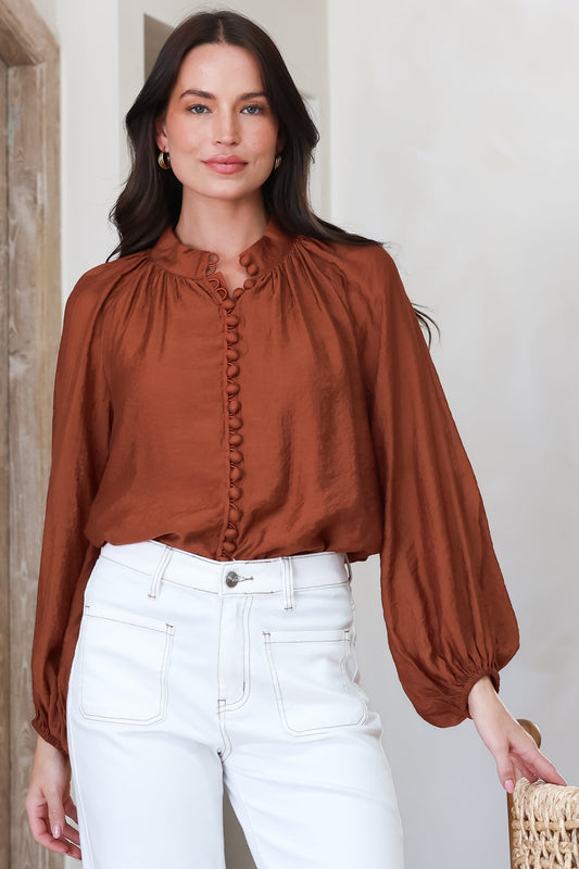 Portia Blouse - Button Down Mandarin Collar Shirt in Rust