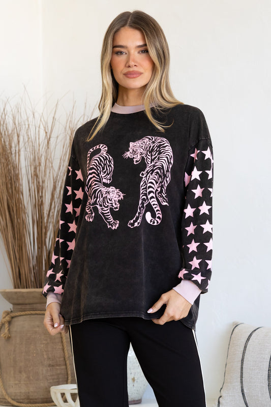 Rival Tiger Long Sleeve Tee - Crew Neck Contrast Stripe Graphic T-Shirt in Black Acid Wash