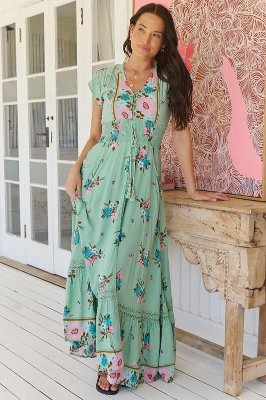 JAASE - Romi Maxi Dress: Button Down Cap Sleeve Dress with Waist Tie in Maribel Print