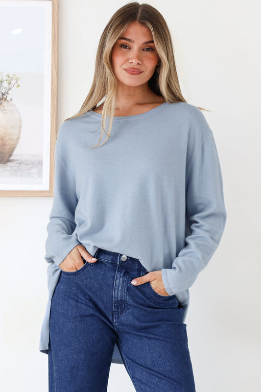 Rylee Jumper - Crew Neck Long Sleeve Pullover with Side Splits in Powder Blue