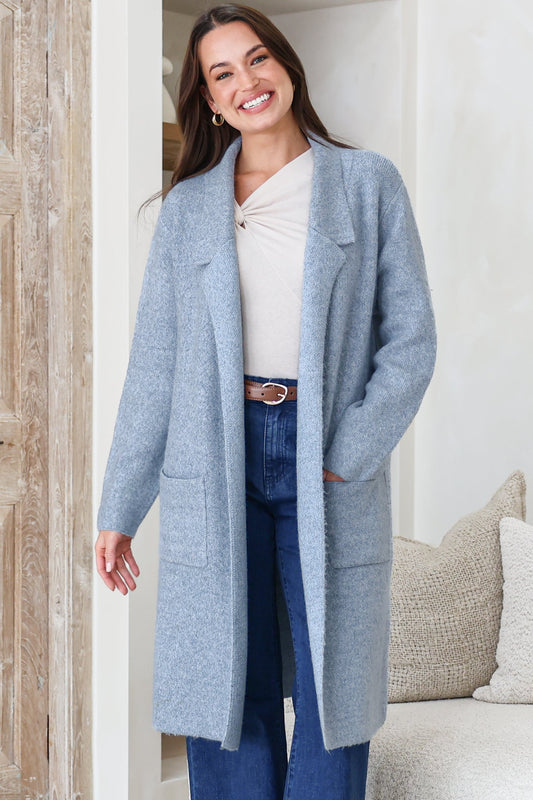Samson Cardigan - Folded Lapel Collar Coatigan with Pockets in Blue