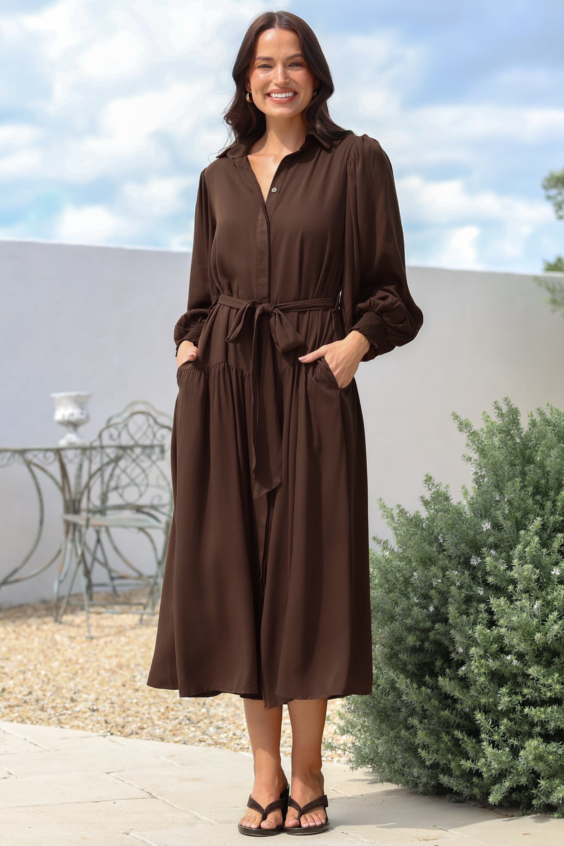 Skandi Midi Dress - Button Down Billow Sleeve Shirt Dress with Waist Tie in Chocolate