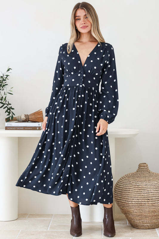 Soho Midi Dress - V Neck Button Down Tiered Dress with Pockets in Parisian Polka Print Navy