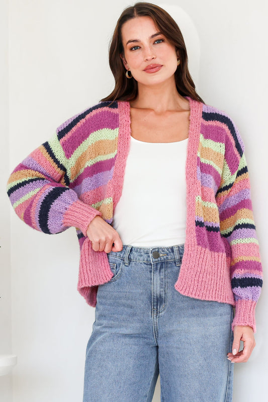 Soren Cardigan - Open Front Striped Knit with Rib Knit Trim in Multicoloured