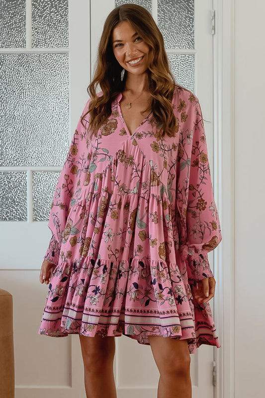 JAASE - Soul Mini Dress: Mandarin Collar V Neck Long Sleeve Smock Dress in the Elara Print