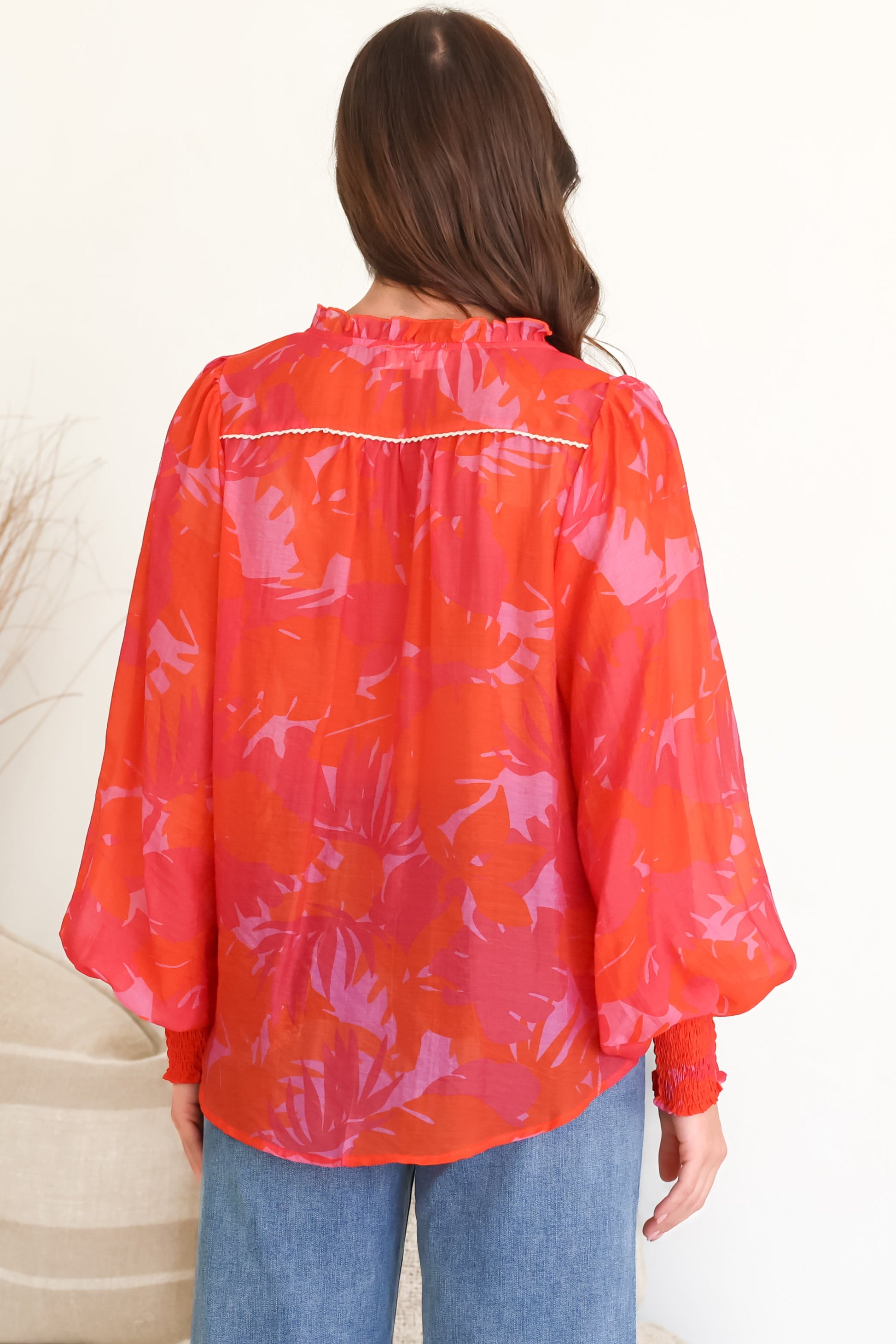 Violet Blouse - Frill Collar Button Down Balloon Sleeve Blouse In Vallie Print
