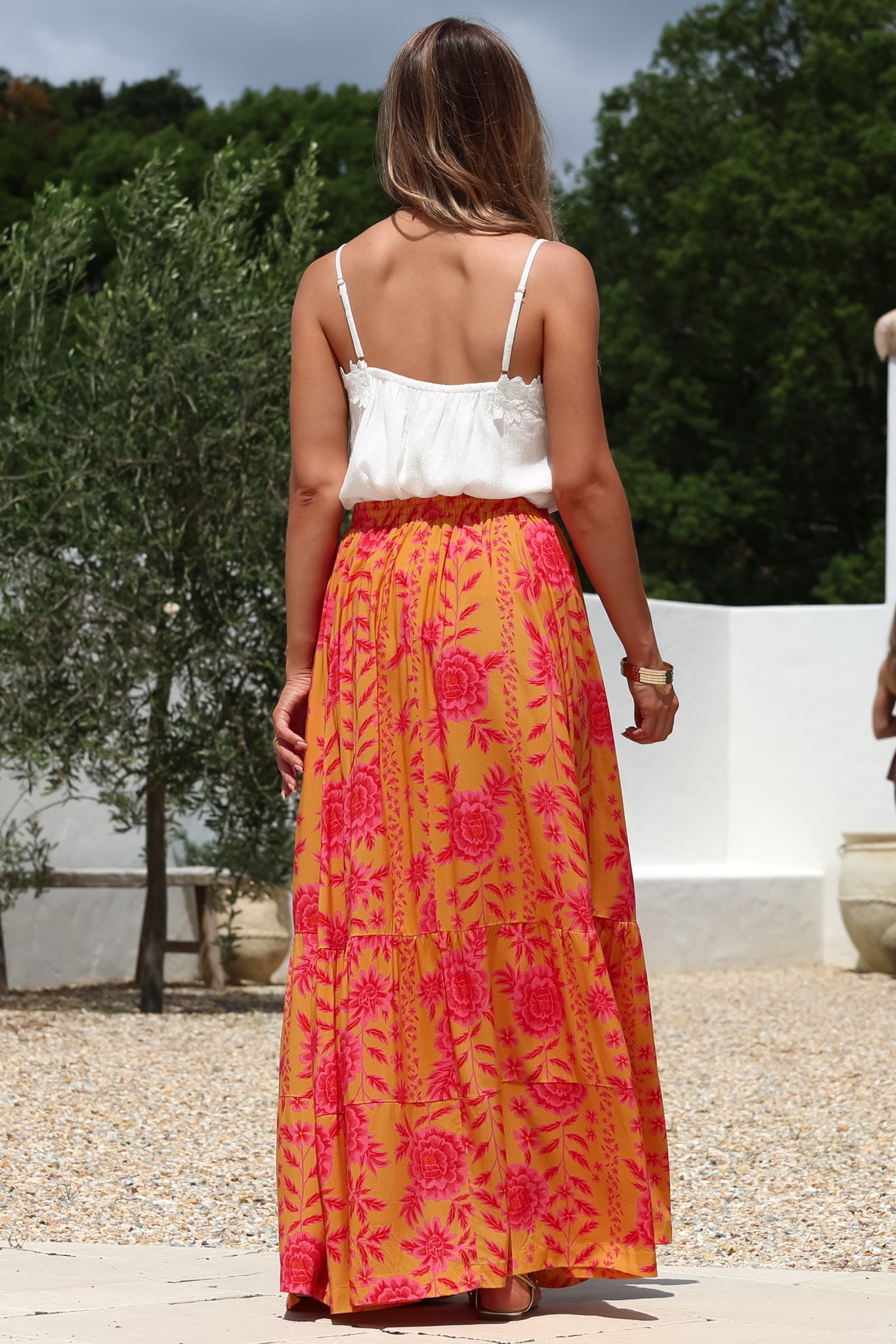 Zia Maxi Skirt - High Waisted Skirt with Tassel Waist Tie and Front Splits in Betsey Print
