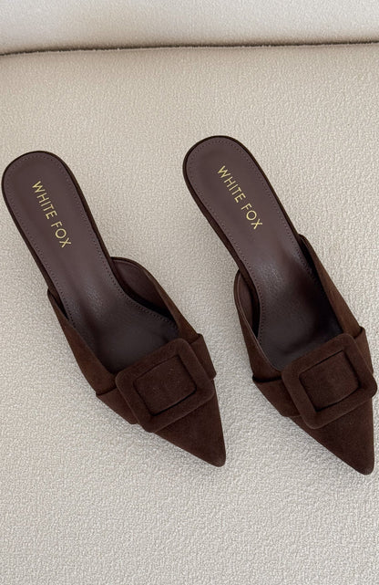 Domino Heels Chocolate Faux Suede